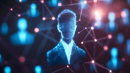 Network of Connections: A digitally rendered avatar surrounded by a web of interconnected nodes, representing a vast network, fostering an abstract visual of connectivity, digital transformation.