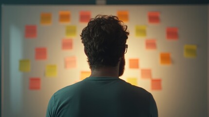 Contemplative Bearded Professional with Organized Workflow at Office Whiteboard