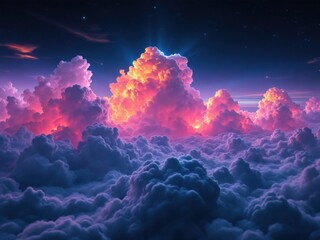 Fototapeta premium A breathtaking view of vibrant clouds illuminated by the setting sun and starlight The colors are rich and surreal creating a dreamy atmosphere above the cloudscape