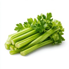Close up view of a bunch of fresh green celery with leafy tops isolated on white background