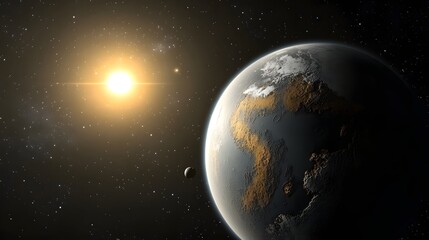 Obraz premium Earth and the Sun: A breathtaking, otherworldly view of Earth from outer space, with a vibrant sun shining brightly in the distance.