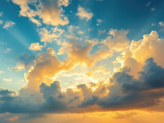 Obraz premium A breathtaking view of a sunset sky filled with dramatic clouds illuminated by golden light rays The clouds vary in shades of orange yellow and gray creating a stunning visual spectacle