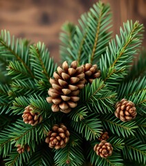 Fototapeta premium Deep green fir branches and brown pine cones, rustic Christmas background, wood, conifer, cone