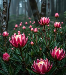 Fototapeta premium Misty forest, vibrant pink protea blooms glistening with dew, flora, fresh