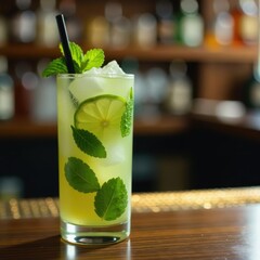 Refreshing mojito cocktail on bar, mint garnish, restaurant, ice