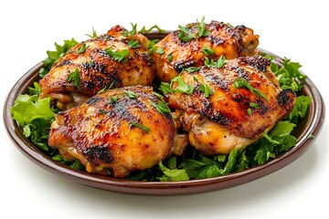 Boneless chicken thighs arranged beautifully on a plate, isolated on a white background