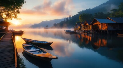 Obraz premium Beautiful sunrise over a calm lake with boats and buildings present