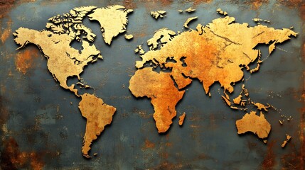Golden World Map Embossed Rustic Metal Texture