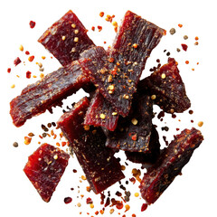 Pile of seasoned jerky strips on transparent background