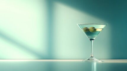 A refreshing martini glass with olives illuminated by soft lighting for a sophisticated cockta