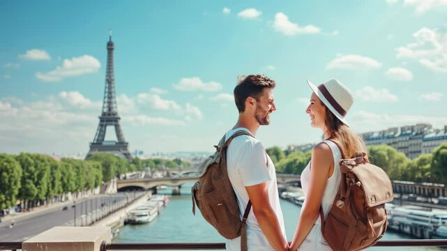 A couple holding each other, wearing backpacks and contemplating a very beautiful scenic touristic location, Paris, France with their hands raised.