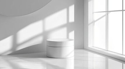 Minimalist White Room Interior Design with Sunlight and Cylindrical Display Stand