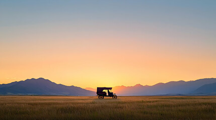 Obraz premium Vintage Truck Silhouette At Sunrise Over Golden Field And Mountains