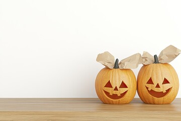 Halloween pumpkins with wooden table.