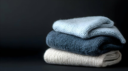 Stack Of Knitted Sweaters In Various Shades Of Blue Grey And Beige On Dark Background
