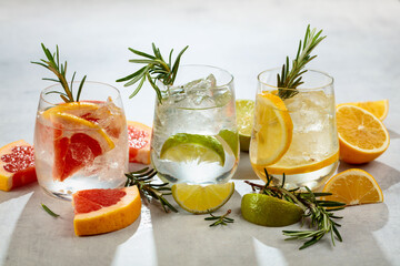 Summer refreshing drinks with ice, citrus and rosemary.