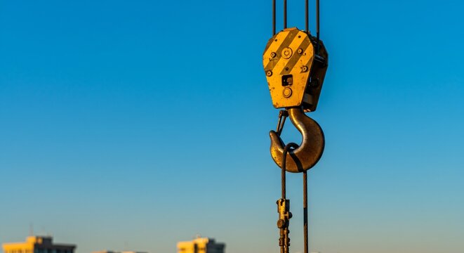 Heavy industrial lifting hook for construction site, machinery equipment, rigging gear. Concept of hard industry, cargo transportation, metal production - Powered by Adobe