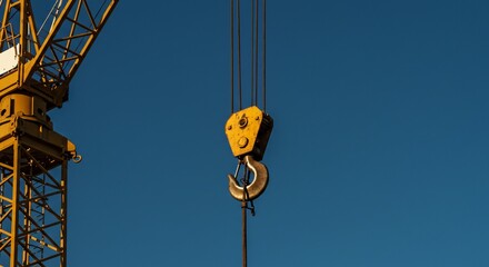 Fototapeta premium Machinery, crane against blue sky for construction site. Lifting construction materials with industrial crane, heavy equipment, urban infrastructure for builder