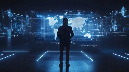 Global Vision: A silhouette of a person stands before a glowing digital world map, suggesting global business concepts and innovation. A testament to connectivity. 