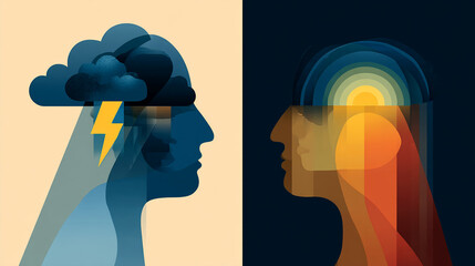 Abstract illustration of two profiles, one with a dark cloud and lightning, the other with a radiant sun, showcasing contrasting mental states: negativity vs positivity
