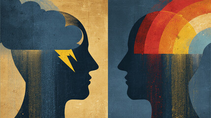 Abstract illustration of two profiles, one with a stormy cloud, the other with a rainbow, symbolizing contrasting mindsets or emotional states, perfect for mental health awareness