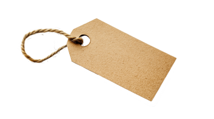 A close-up of a blank kraft paper tag with a round punched hole reinforced with a metal eyelet threaded with thin natural twine. The tag features a rectangular shape with softly rounded corners, evoki