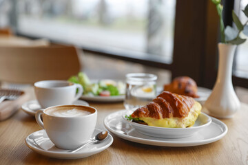 Delicious breakfast served on wooden table in cafe