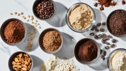 Assorted baking ingredients for culinary creativity on marble surface