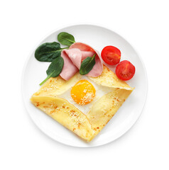 Delicious crepe with egg, ham and parmesan cheese isolated on white, top view