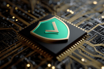 Green shield with gold trim on a circuit board, symbolizes digital security and data protection, showcasing technological advancement and safety