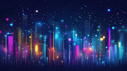 Neon Cityscape at Night: Vibrant Digital Metropolis with Glowing Towers and Sparkling Lights