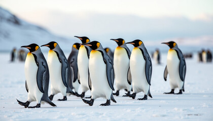 Fototapeta premium Waddling Penguins in a Frosty Landscape