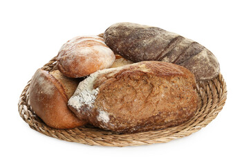Different loaves of fresh bread in basket isolated on white