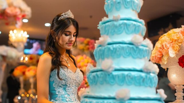 Quincea&ntilde;era girl admiring her big birthday cake