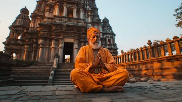 Indian monk meditating in lotus position in front of temple