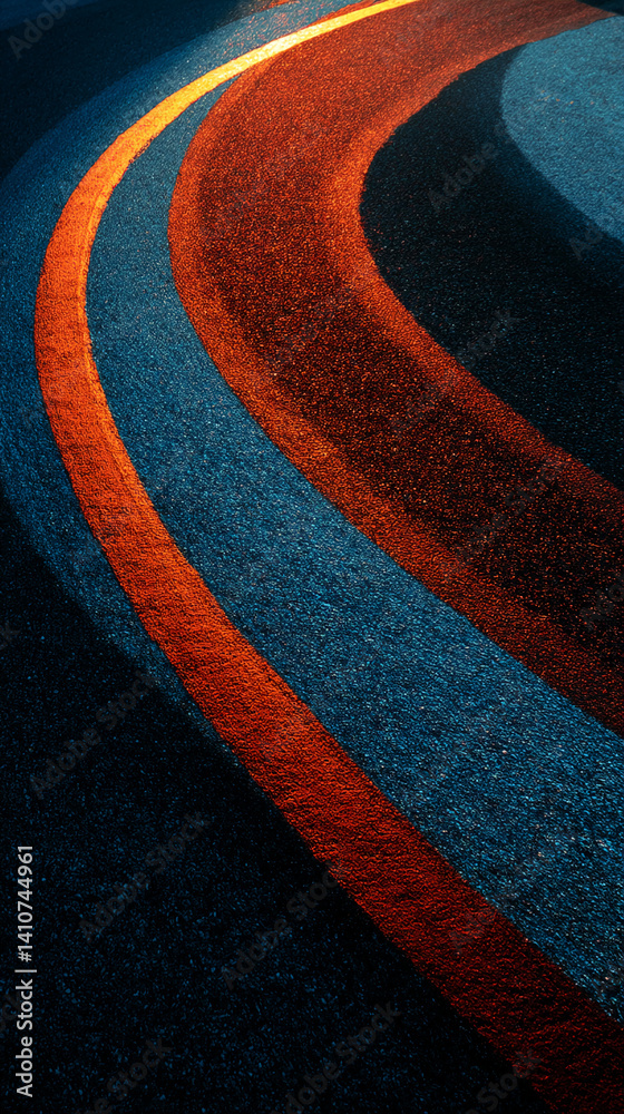 Aufkleber Abstract image of textured asphalt with curved orange and blue stripes, creating a dynamic and visually interesting design, suitable for backgrounds or graphic design projects