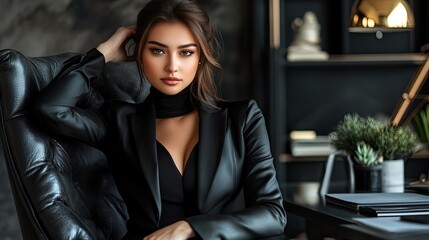 Portrait of a Confident Businesswoman in a Stylish Black Blazer, Sitting in a Leather Chair in a Modern Office