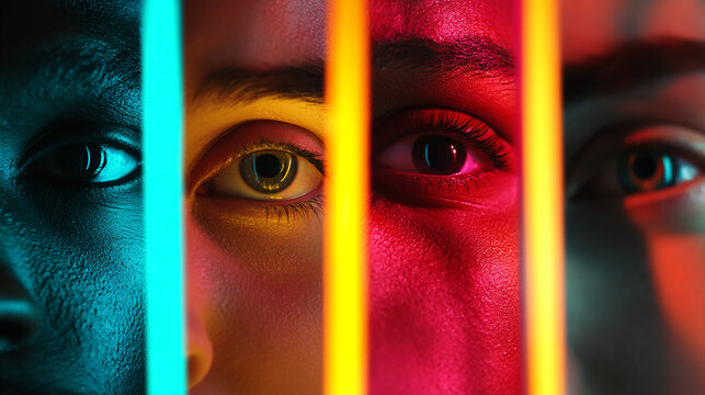 Close-up of four eyes, separated by vibrant neon light bars, showcasing diverse skin tones.  The image symbolizes unity, diversity, or shared experience.