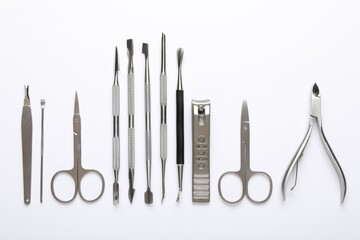 Set of different manicure tools on white background, flat lay