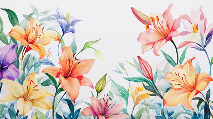 Fototapeta premium watercolor botanical Lilly flowers texture template background.Elegant wedding invitation card background . Minimal hand painted Design for wedding or Valentine's Day