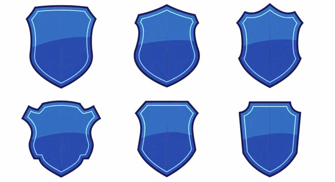 The image features six blue shield shapes arranged in two rows of three on a white background, rendered in a stylized, cartoonish, and playful aesthetic. Vector Illustration