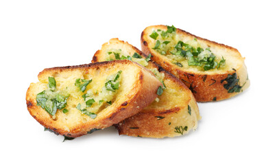 Tasty bread with garlic, herbs and oil isolated on white