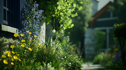 Fototapeta premium Colorful Flower Garden Pathway Beside House