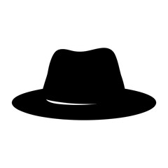 A stark silhouette of a black fedora style hat with white background