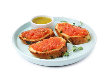 Tasty bread with tomato, microgreens and oil isolated on white