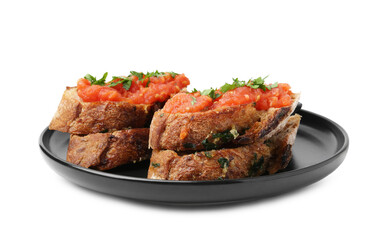 Tasty bread with tomato and parsley isolated on white