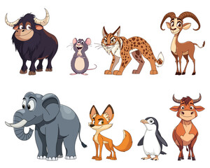 Cartoon animal collection, featuring a bull, mouse, lynx, goat, elephant, fox, penguin, and another bull. All are smiling with big eyes.