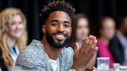 Smiling Diverse Man Clapping at Conference