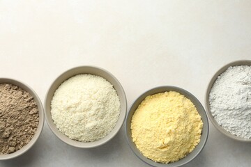 Different types of flour in bowls on light grey table, flat lay. Space for text