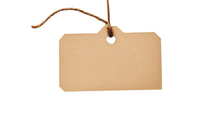 A close-up of a blank kraft paper tag with a round punched hole reinforced with a metal eyelet threaded with thin natural twine. The tag features a rectangular shape with softly rounded corners, evoki
